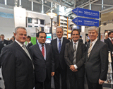 At the opening of the stand of the Fraunhofer Building Innovation Alliance at BAU 2011: (from left) President of the Fraunhofer-Gesellschaft Prof. Hans-Jörg Bullinger with the Turkish Minister of Construction Mustafa Demir and the Federal Minister of Transport, Building and Urban Development Dr. Peter Ramsauer as well as the Chairman of the Fraunhofer Building Innovation Alliance Prof. Klaus Sedlbauer and the Director of the Fraunhofer Institute for Building Physics Prof. Gerd Hauser.